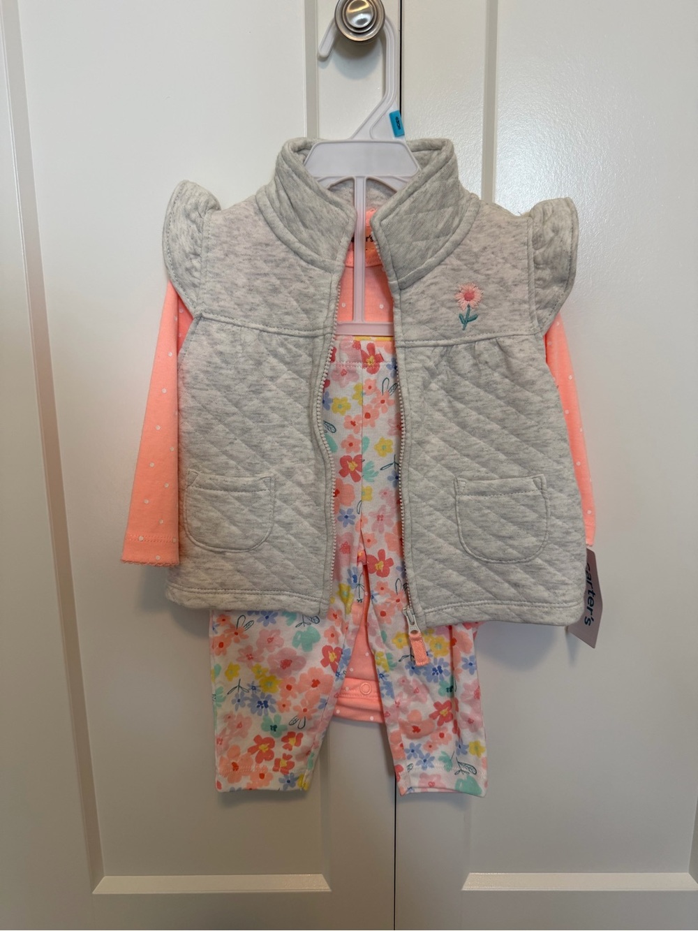 Baby Quilted Gray Vest & Pink Floral Outfit Set